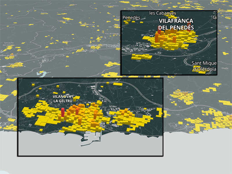 La densidad y población de Cataluña en 3D